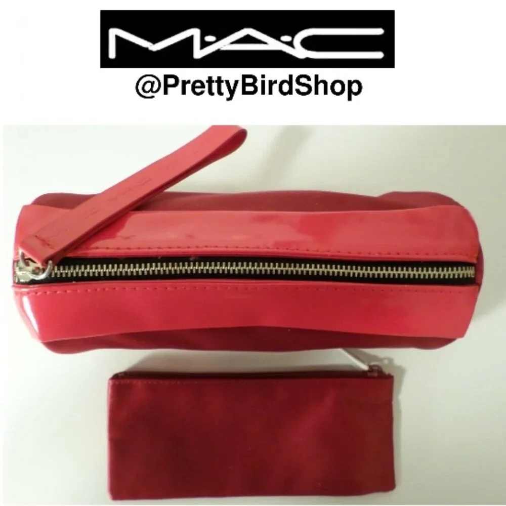 MAC 2 pc clutch red satin makeup case bag NEW patent leather Limited Edition